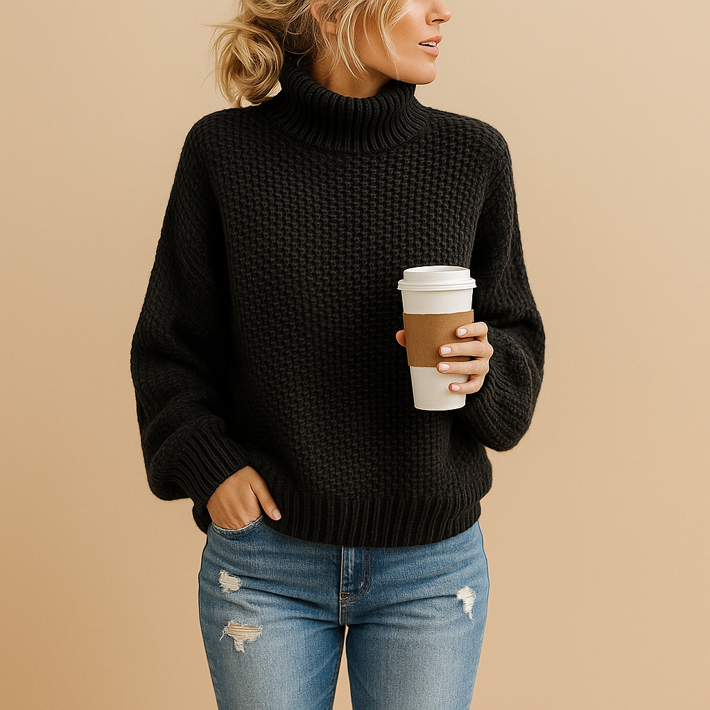 Women’s timeless knitted sweater in neutral tones, designed for all-season wear, perfect for casual walks, layering, or cozy days at home.