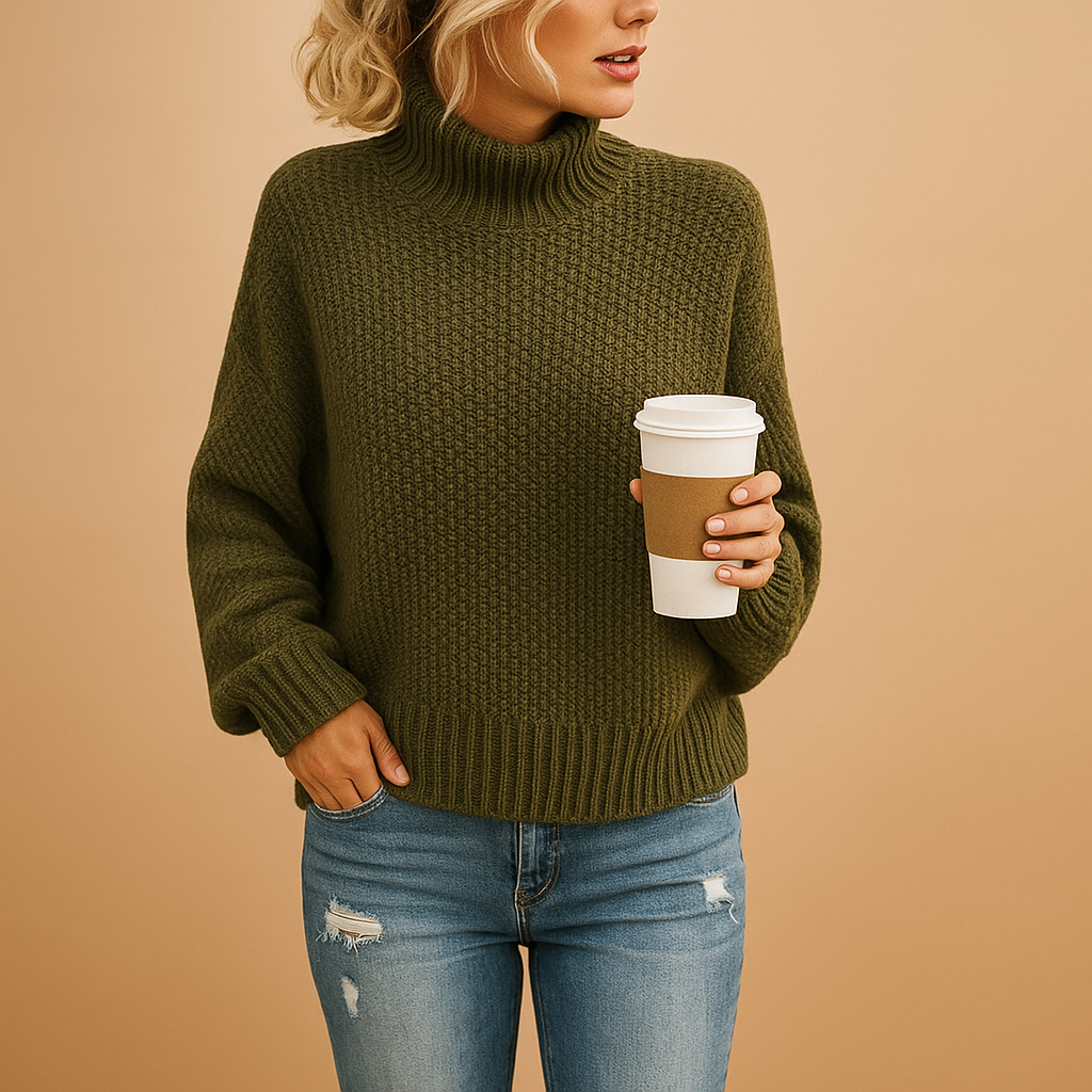 Women’s timeless knitted sweater in neutral tones, designed for all-season wear, perfect for casual walks, layering, or cozy days at home.
