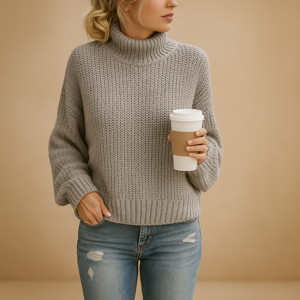 Women’s timeless knitted sweater in neutral tones, designed for all-season wear, perfect for casual walks, layering, or cozy days at home.