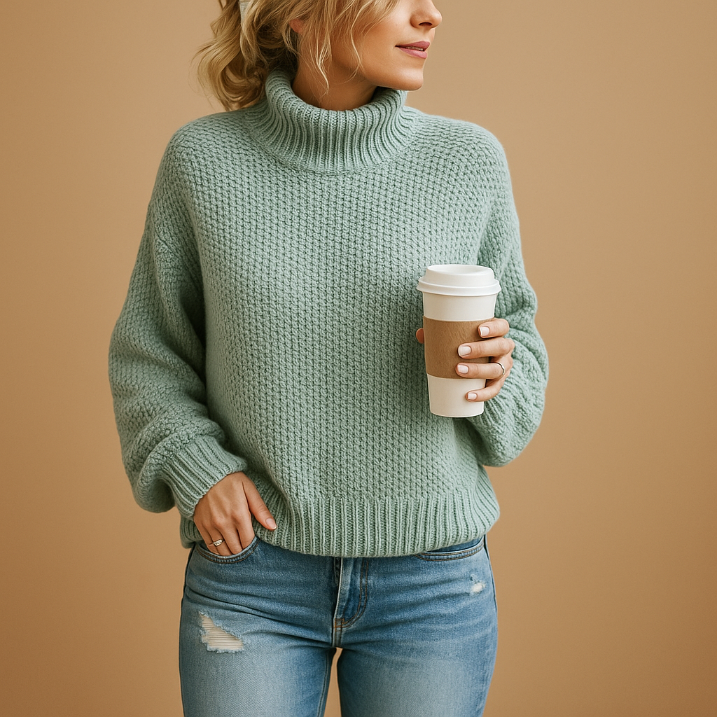 Women’s timeless knitted sweater in neutral tones, designed for all-season wear, perfect for casual walks, layering, or cozy days at home.