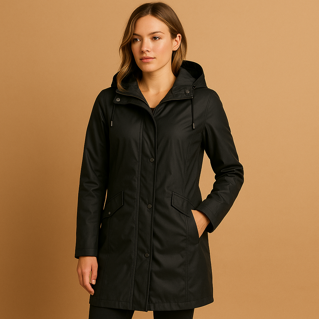 Women’s transparent raincoat with hood, lightweight fit, and breathable fabric. Fashionable and practical rain protection for every season.