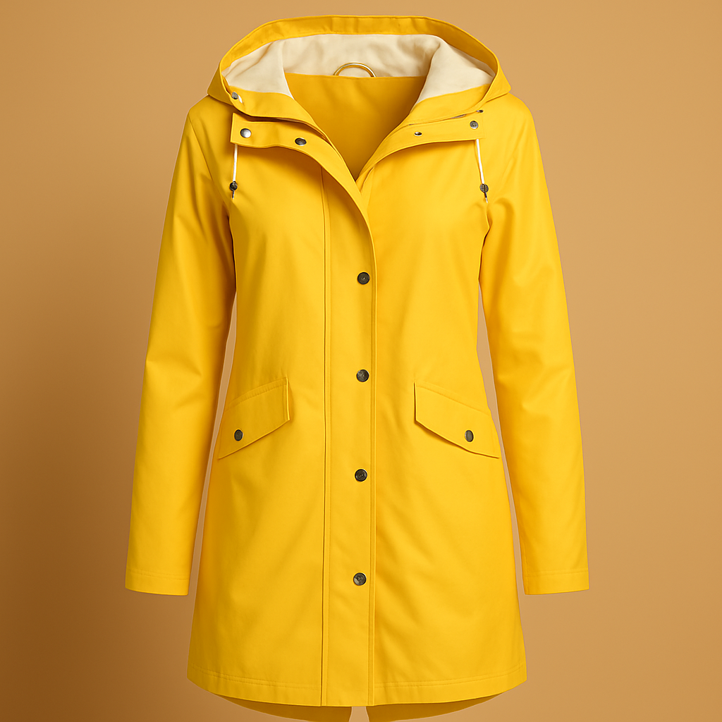 Women’s transparent raincoat with hood, lightweight fit, and breathable fabric. Fashionable and practical rain protection for every season.