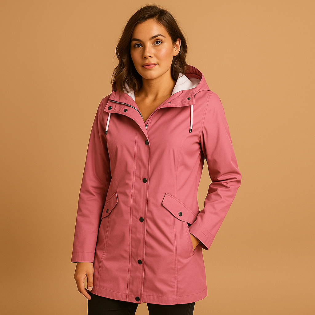 Women’s transparent raincoat with hood, lightweight fit, and breathable fabric. Fashionable and practical rain protection for every season.