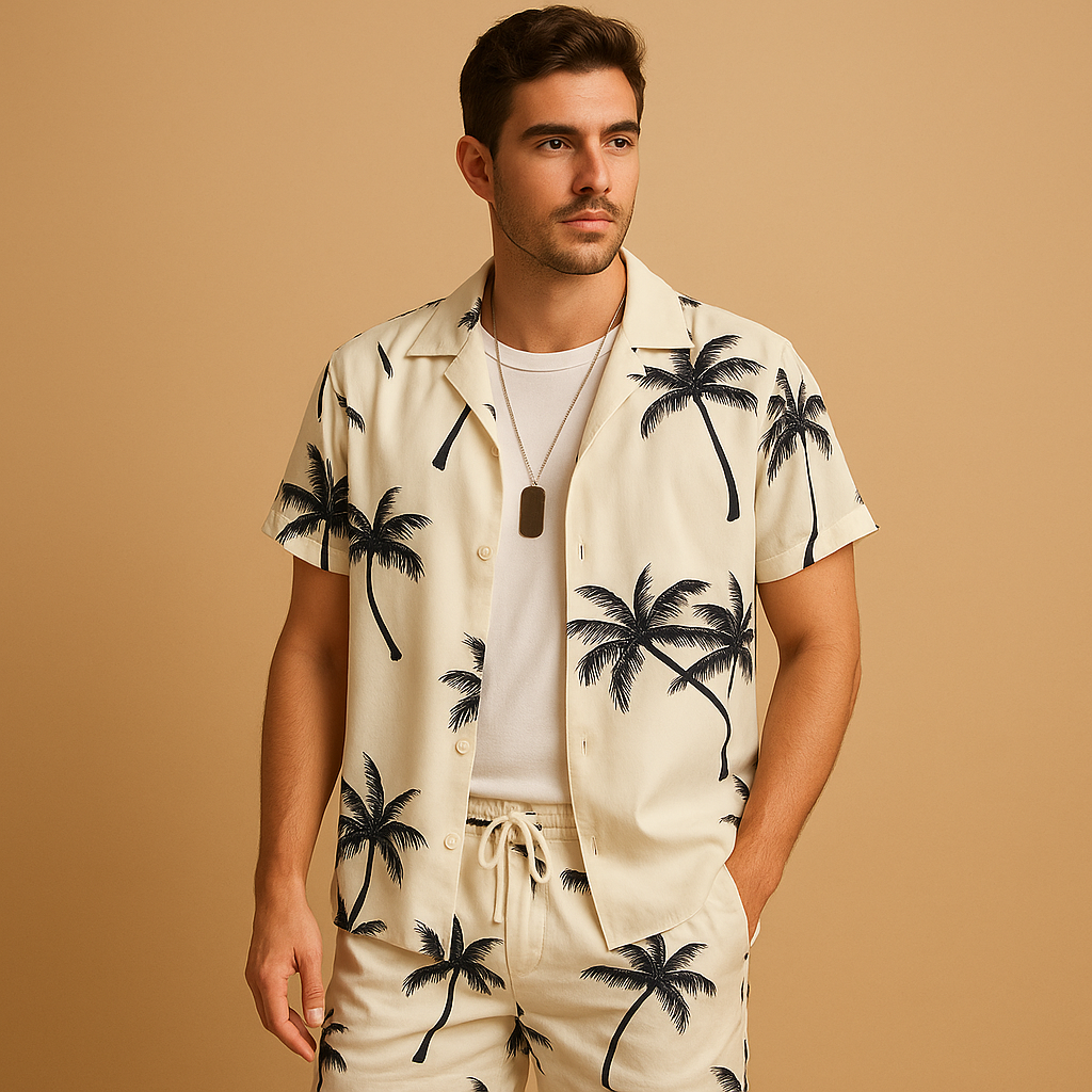 Men’s tropical summer set with palm and feather print, loose fit and breathable fabric. Perfect for beach days, holidays, or casual summer outfits.