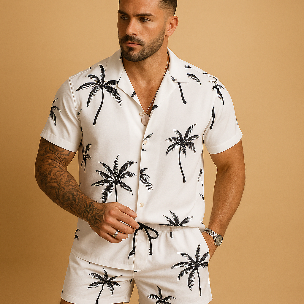 Men’s tropical summer set with palm and feather print, loose fit and breathable fabric. Perfect for beach days, holidays, or casual summer outfits.