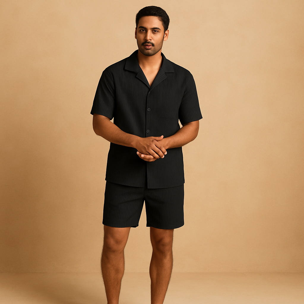 Elegant two piece summer outfit for men with lightweight fabric and refined details, perfect for vacations, casual gatherings, and stylish summer events.
