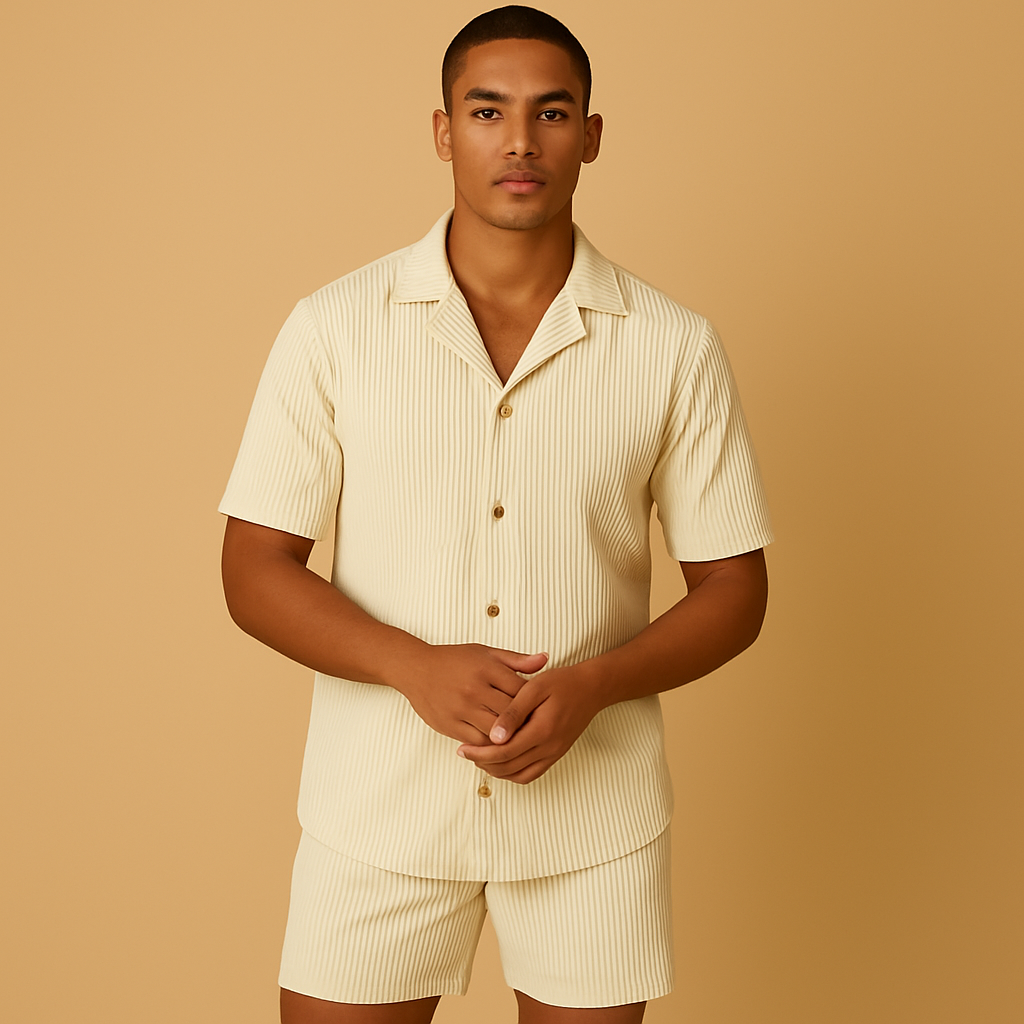 Elegant two piece summer outfit for men with lightweight fabric and refined details, perfect for vacations, casual gatherings, and stylish summer events.