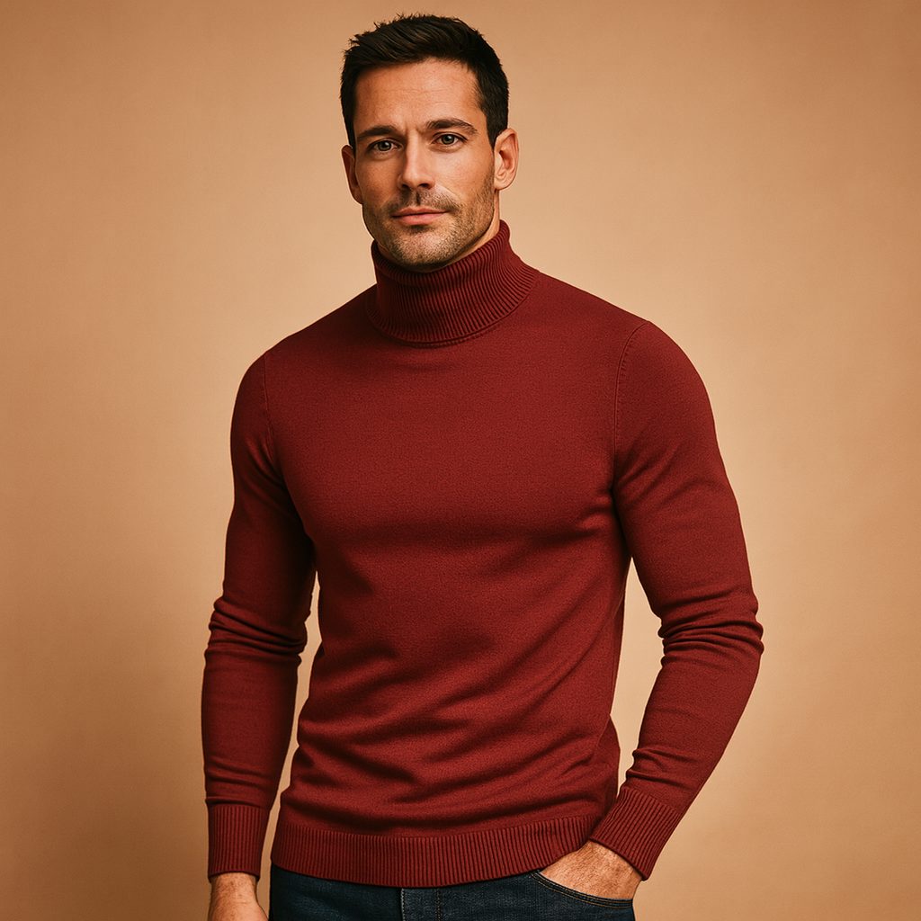 Men’s turtleneck sweater with slim fit, soft fabric, and timeless design, ideal for autumn and winter work, casual, or formal looks.