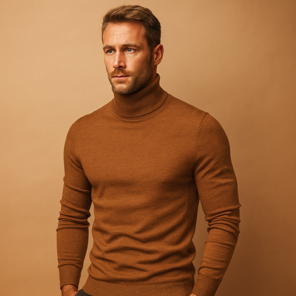 Men’s turtleneck sweater with slim fit, soft fabric, and timeless design, ideal for autumn and winter work, casual, or formal looks.