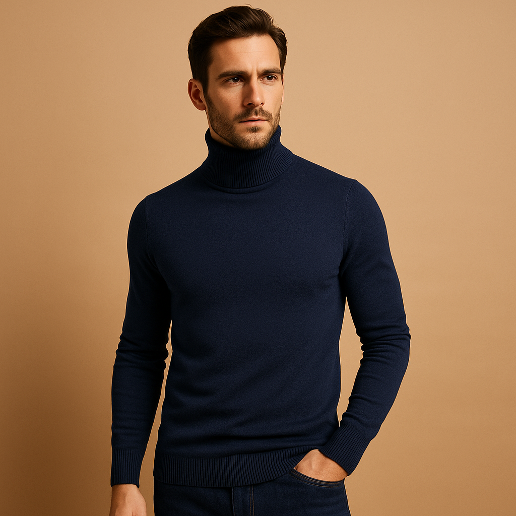 Men’s turtleneck sweater with slim fit, soft fabric, and timeless design, ideal for autumn and winter work, casual, or formal looks.