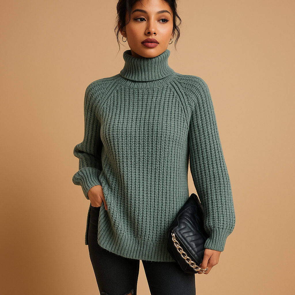 Women’s turtleneck sweater with soft texture and minimalist design, available in classic tones, ideal for autumn and winter layering.