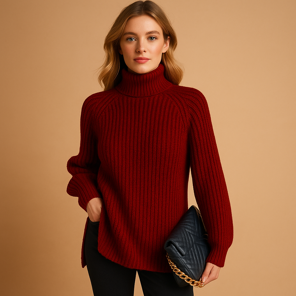 Women’s turtleneck sweater with soft texture and minimalist design, available in classic tones, ideal for autumn and winter layering.
