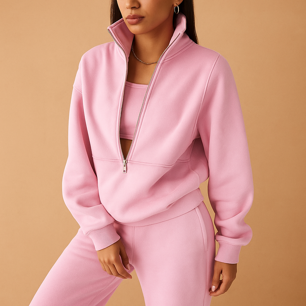 Two piece jogger set for women with relaxed-fit jogger pants and half-zip sweatshirt, available in pink, green, and blue, perfect for casual or sporty looks.