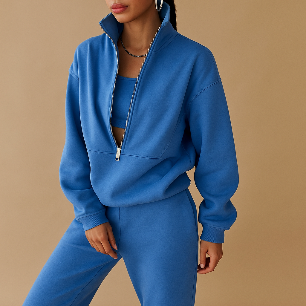 Two piece jogger set for women with relaxed-fit jogger pants and half-zip sweatshirt, available in pink, green, and blue, perfect for casual or sporty looks.