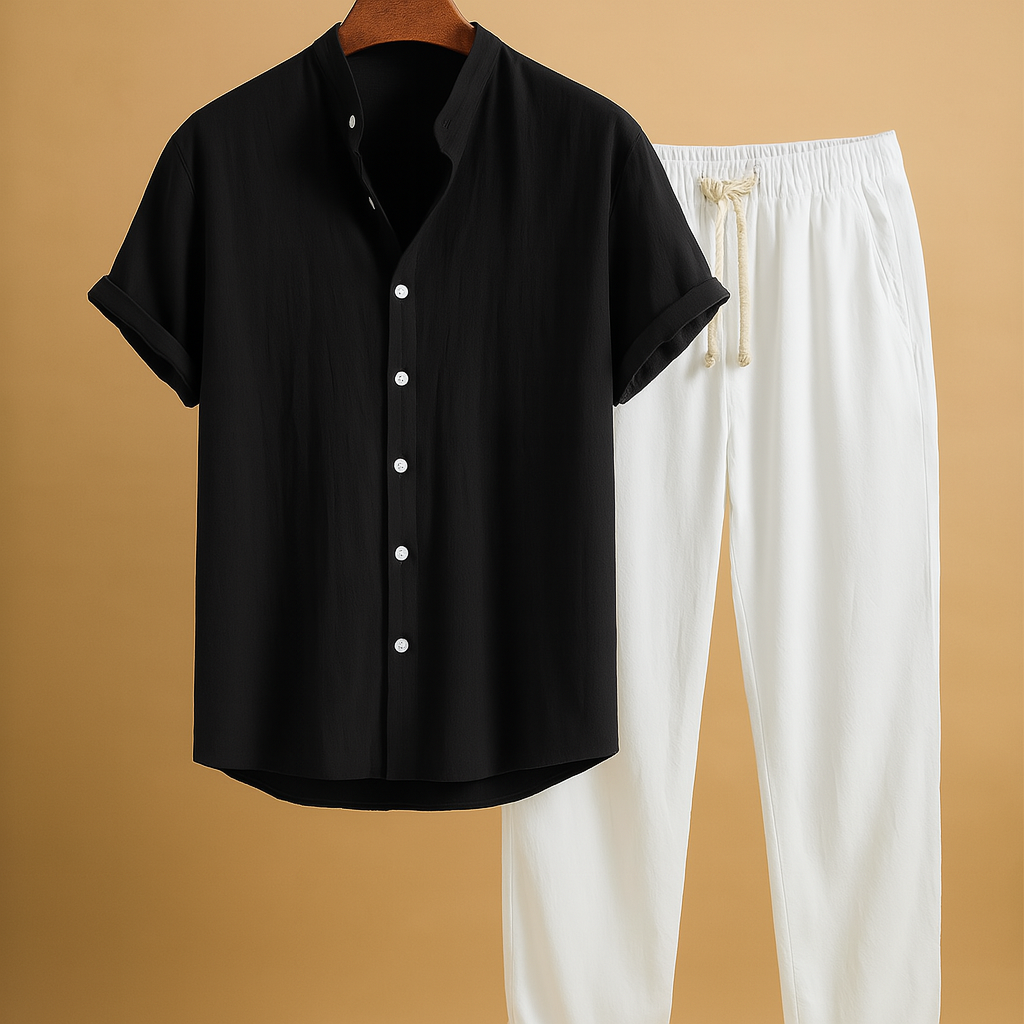 Men’s two-piece summer outfit set with breathable fabric, timeless design, and comfortable fit. Perfect for casual outings, holidays, or semi-formal summer events.