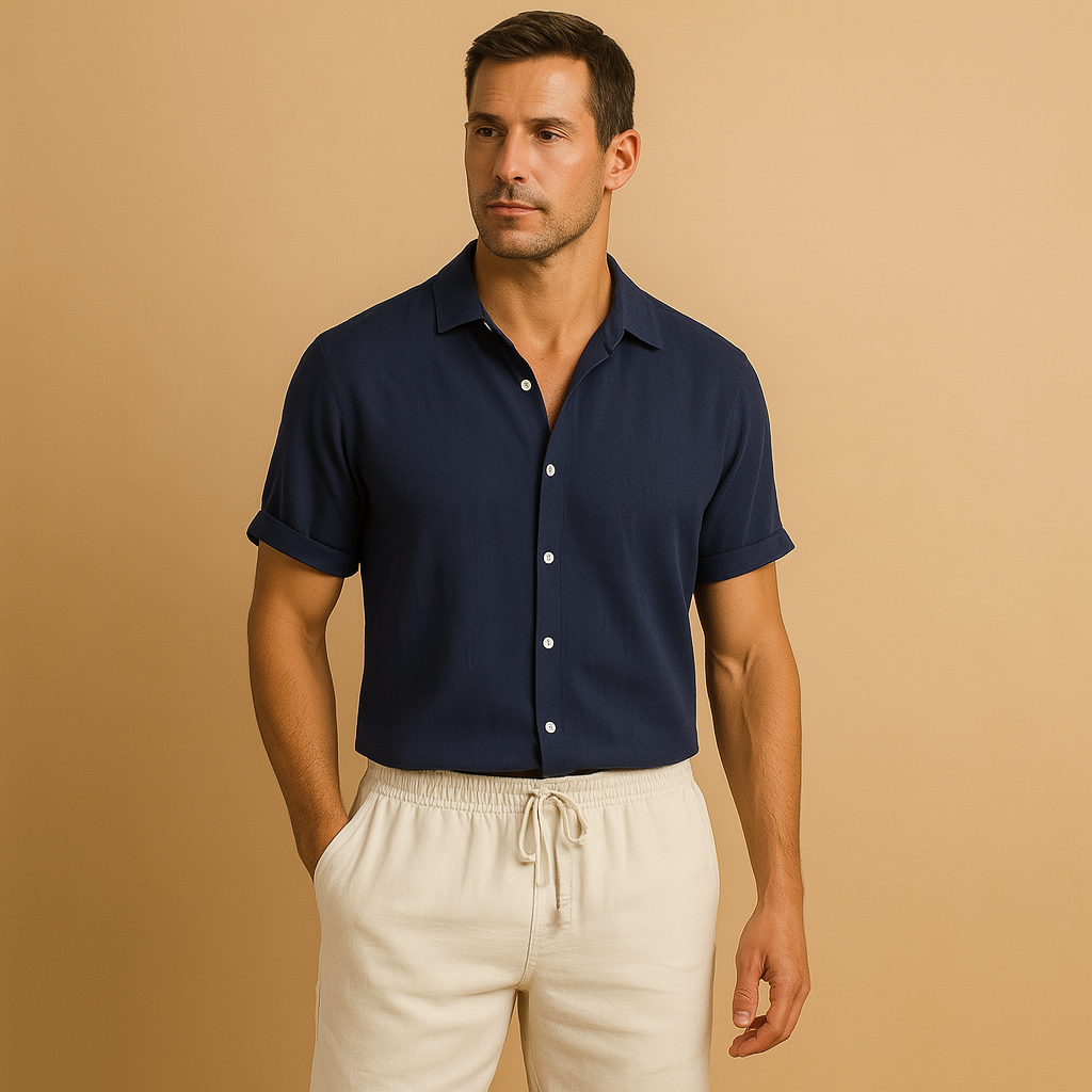 Men’s two-piece summer outfit set with breathable fabric, timeless design, and comfortable fit. Perfect for casual outings, holidays, or semi-formal summer events.