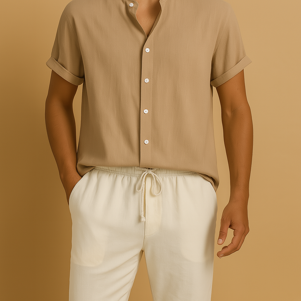 Men’s two-piece summer outfit set with breathable fabric, timeless design, and comfortable fit. Perfect for casual outings, holidays, or semi-formal summer events.