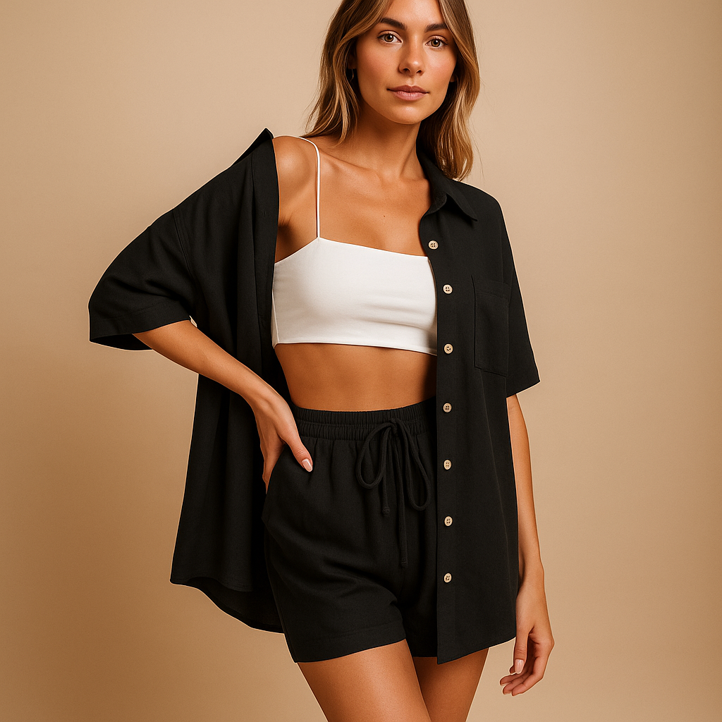 Lightweight two piece summer set for women with mid-length cardigan and drawstring shorts, available in solid summer colors, perfect for casual wear or beach days.