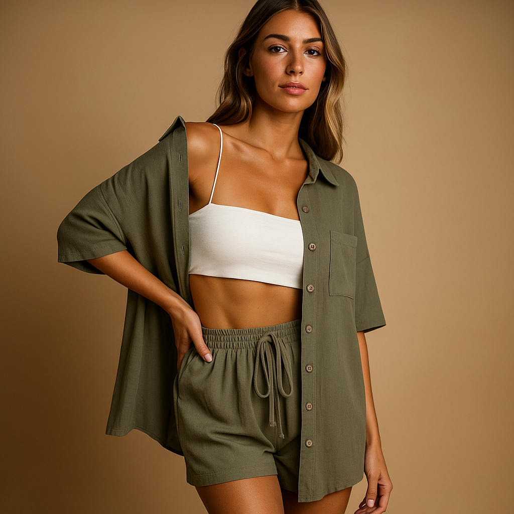Lightweight two piece summer set for women with mid-length cardigan and drawstring shorts, available in solid summer colors, perfect for casual wear or beach days.