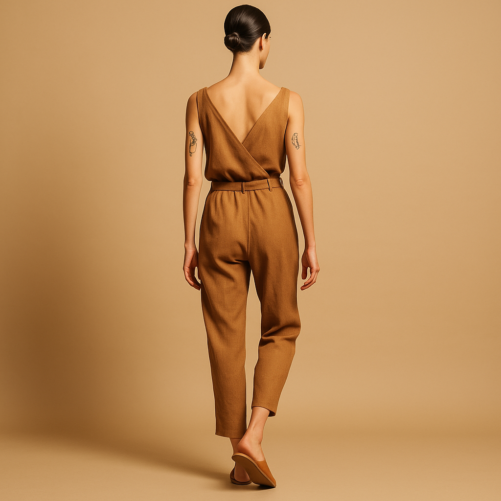 Women’s V-neck belted jumpsuit with adjustable waistband and long legs, available in dark blue, caramel, and black for summer and casual wear.