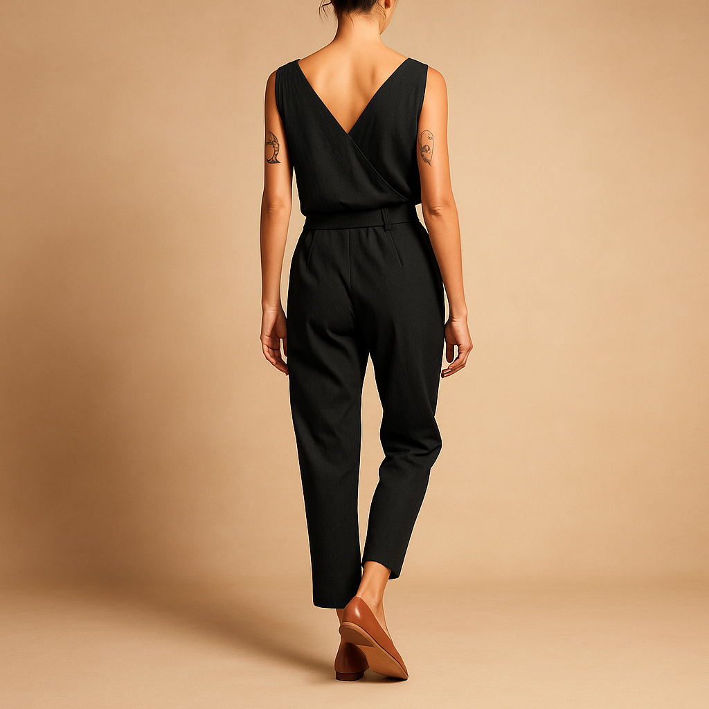 Women’s V-neck belted jumpsuit with adjustable waistband and long legs, available in dark blue, caramel, and black for summer and casual wear.