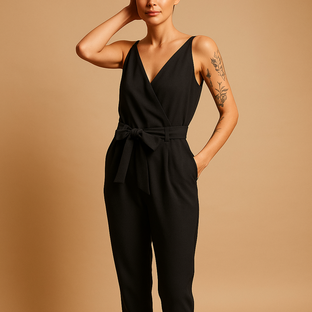 Women’s V-neck belted jumpsuit with adjustable waistband and long legs, available in dark blue, caramel, and black for summer and casual wear.