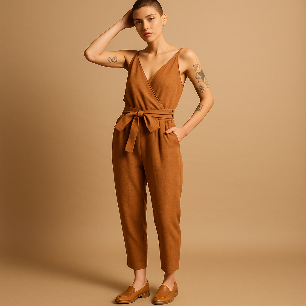Women’s V-neck belted jumpsuit with adjustable waistband and long legs, available in dark blue, caramel, and black for summer and casual wear.