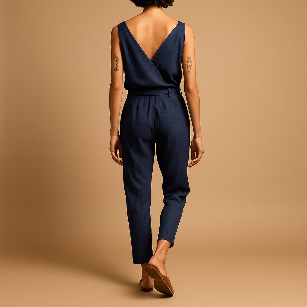 Women’s V-neck belted jumpsuit with adjustable waistband and long legs, available in dark blue, caramel, and black for summer and casual wear.