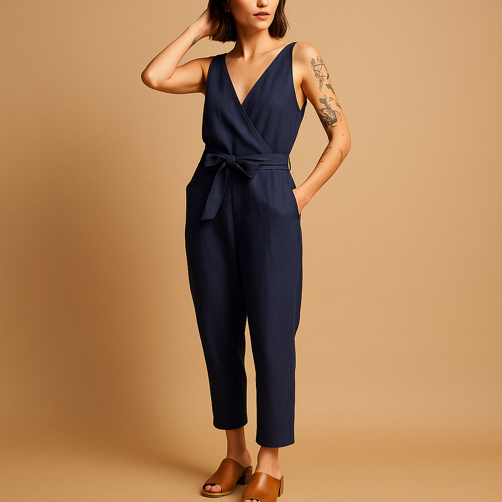 Women’s V-neck belted jumpsuit with adjustable waistband and long legs, available in dark blue, caramel, and black for summer and casual wear.
