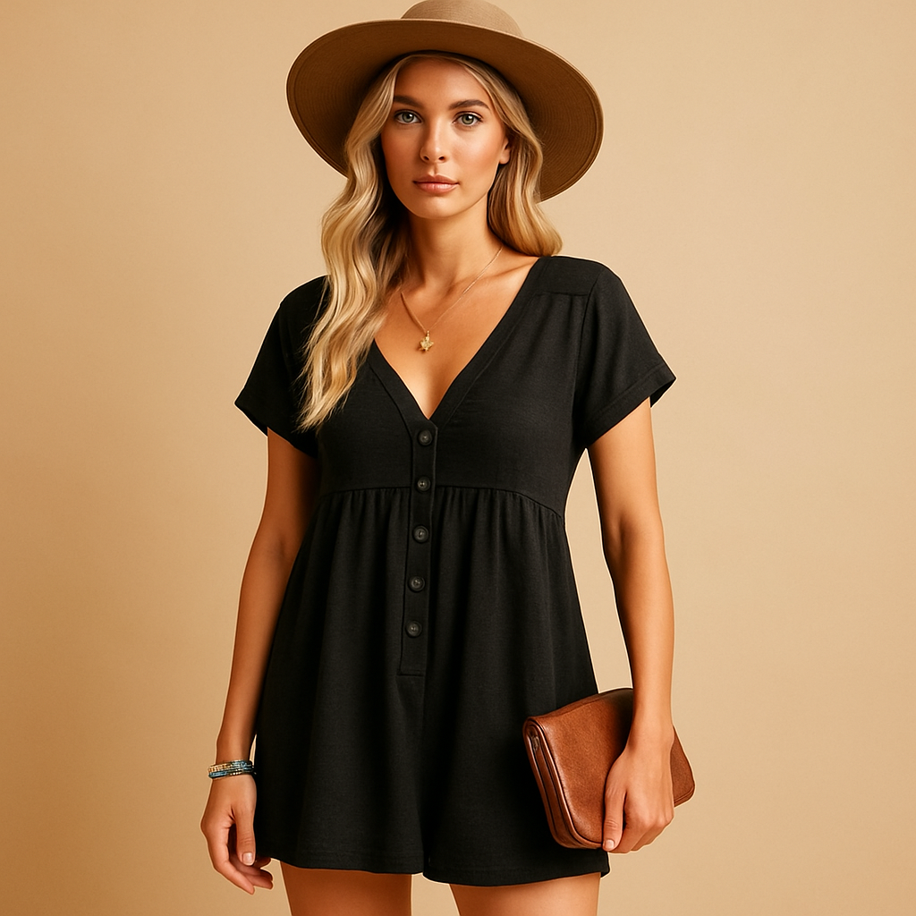 Women’s V-neck lightweight jumpsuit in black with loose fit, perfect for summer vacations, beach days, and casual outings.