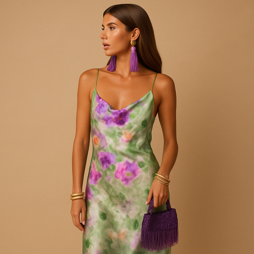V-neck maxi dress for women named Amara, featuring a halo-dye print and flowy silhouette, perfect for beach weddings, vacations, and summer events.