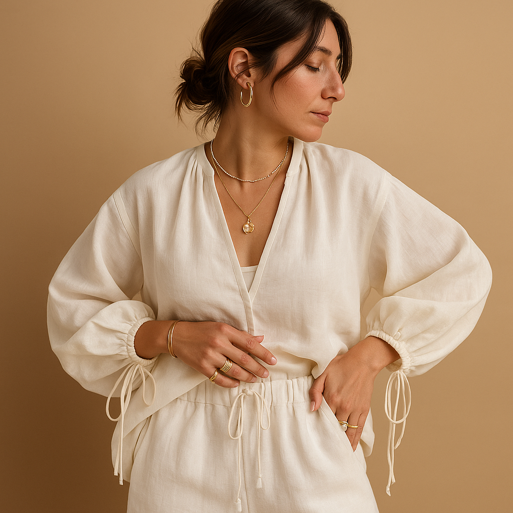 V-neck ruffle top and shorts set for women in white, featuring drawstring sleeves and elastic waistband for chic summer comfort.