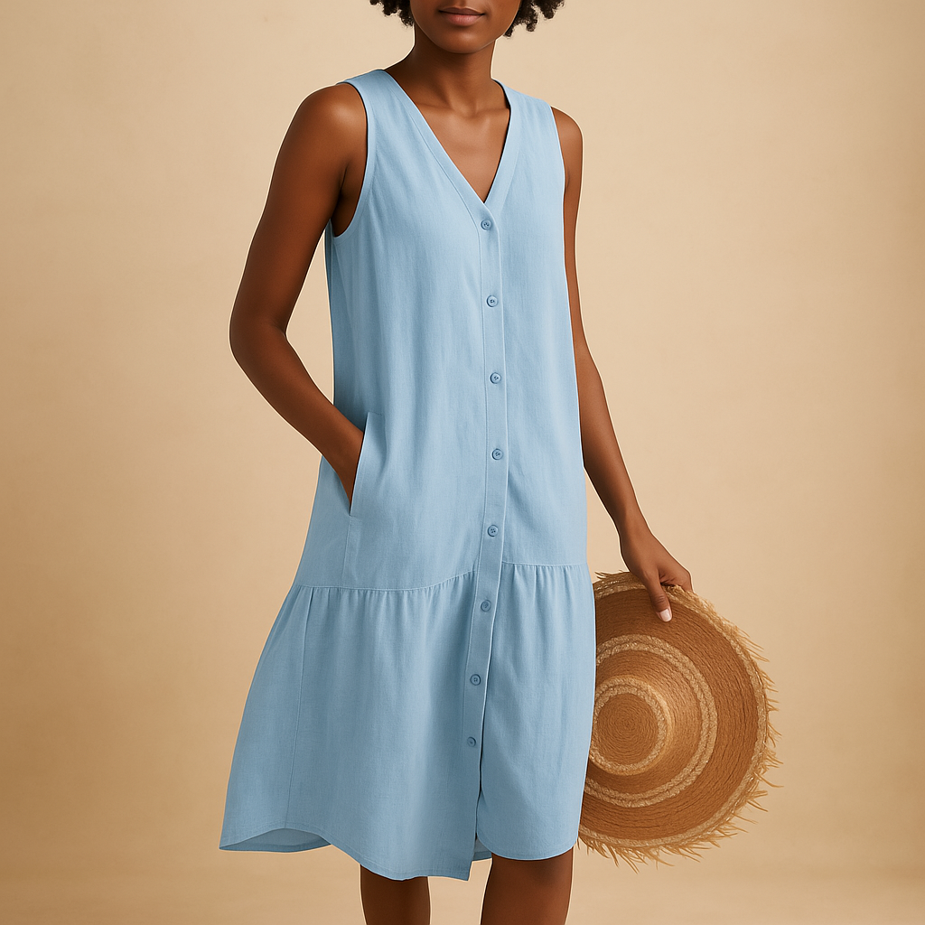 V-neck summer dress for women named Isla, featuring a relaxed, flowy silhouette ideal for beach days, casual outings, and warm summer evenings.