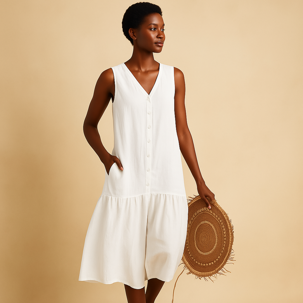 V-neck summer dress for women named Isla, featuring a relaxed, flowy silhouette ideal for beach days, casual outings, and warm summer evenings.