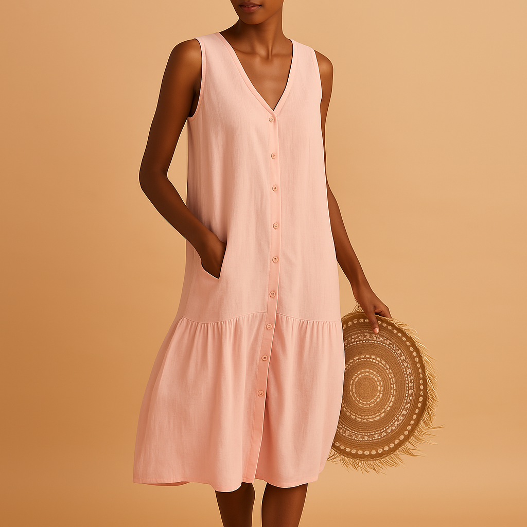 V-neck summer dress for women named Isla, featuring a relaxed, flowy silhouette ideal for beach days, casual outings, and warm summer evenings.