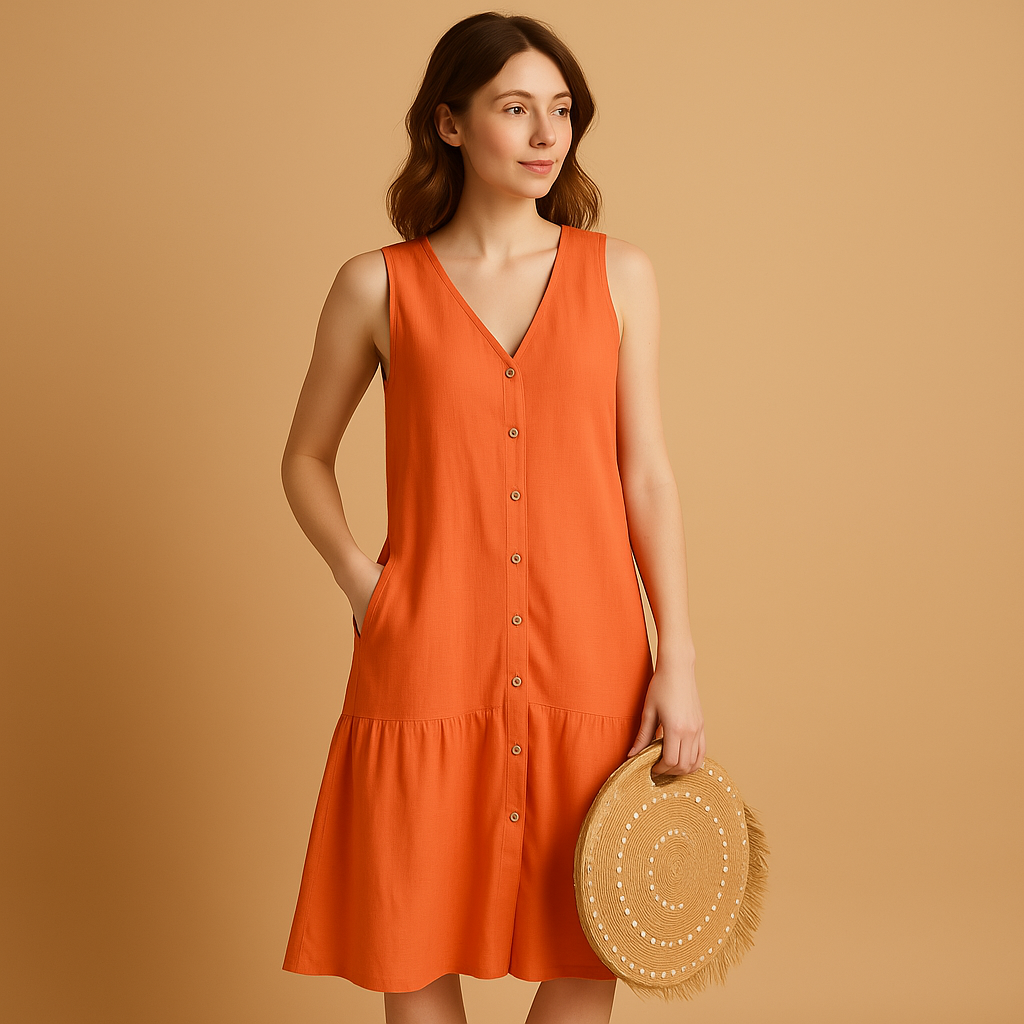 V-neck summer dress for women named Isla, featuring a relaxed, flowy silhouette ideal for beach days, casual outings, and warm summer evenings.