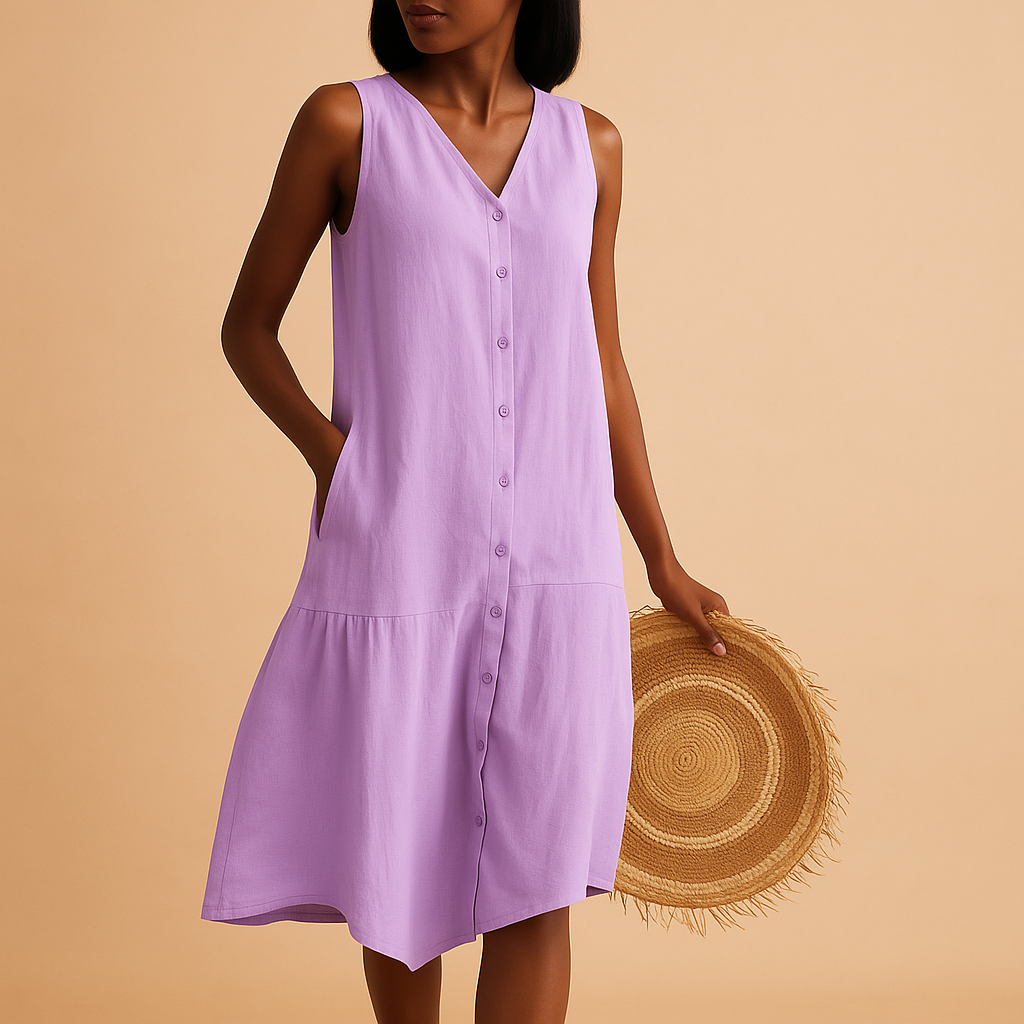 V-neck summer dress for women named Isla, featuring a relaxed, flowy silhouette ideal for beach days, casual outings, and warm summer evenings.