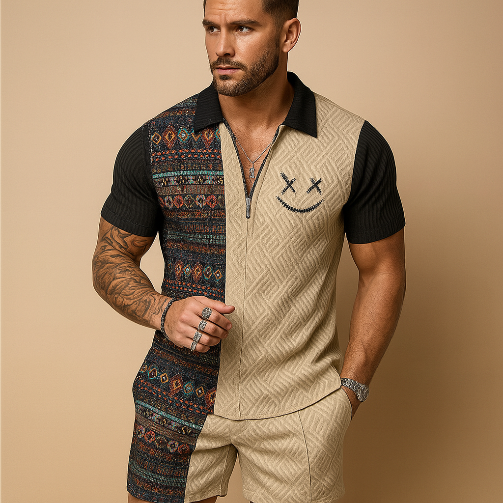 Men’s vintage summer set with printed polo and matching shorts with pockets. Relaxed fit, breathable fabric, perfect for vacations and casual summer days.