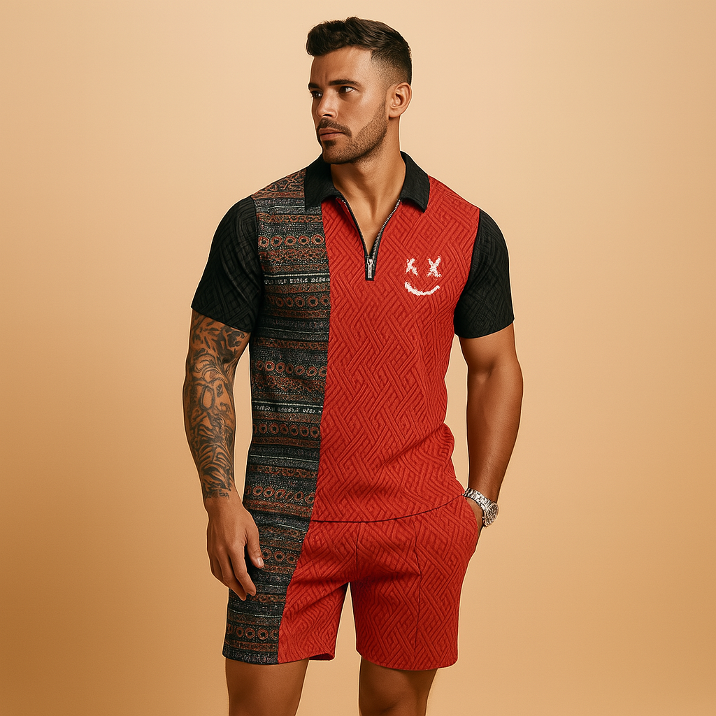 Men’s vintage summer set with printed polo and matching shorts with pockets. Relaxed fit, breathable fabric, perfect for vacations and casual summer days.