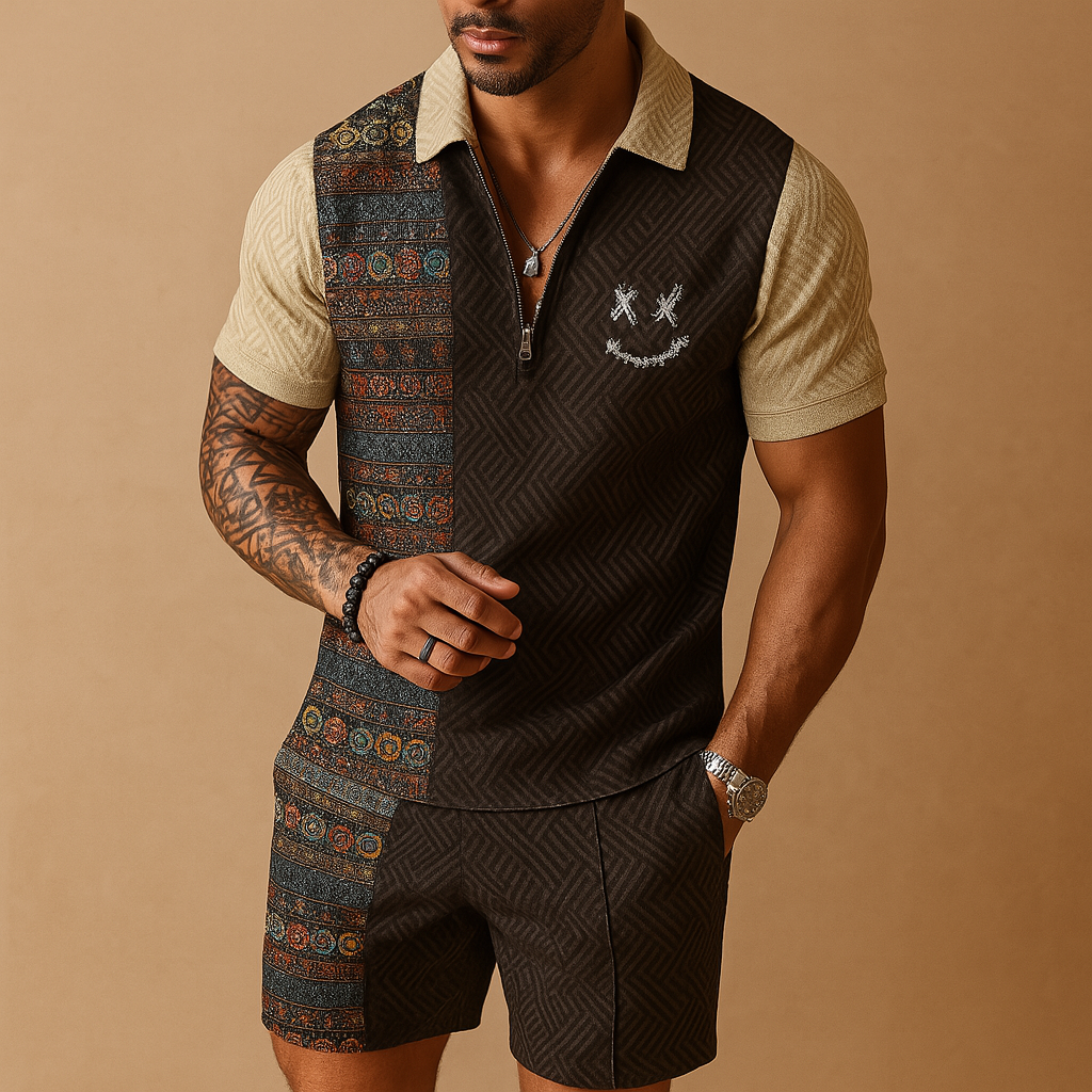 Men’s vintage summer set with printed polo and matching shorts with pockets. Relaxed fit, breathable fabric, perfect for vacations and casual summer days.