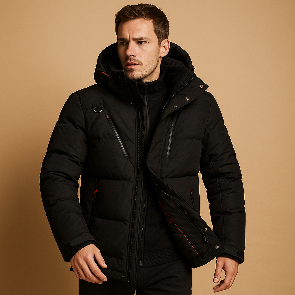 Men’s warm down parka with 90% down insulation and removable hood, regular fit for layering, available in black, green, and navy blue.