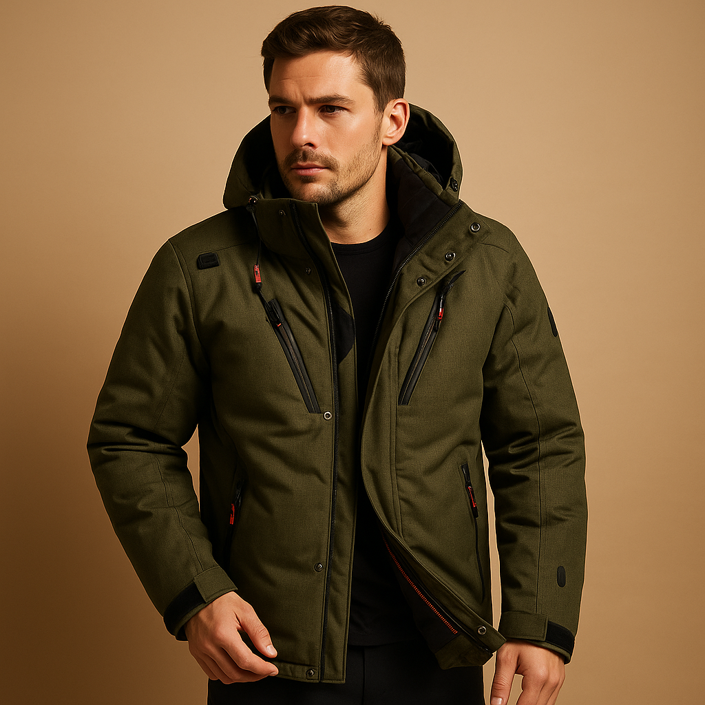 Men’s warm down parka with 90% down insulation and removable hood, regular fit for layering, available in black, green, and navy blue.