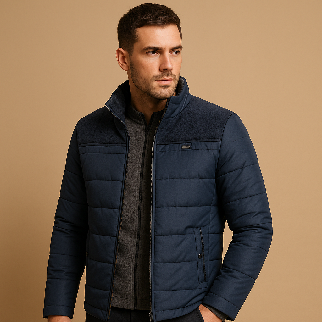 Men’s warm fleece jacket with soft lining, high collar, and zip pockets in black and blue. Perfect for cold days, daily wear, and outdoor use.