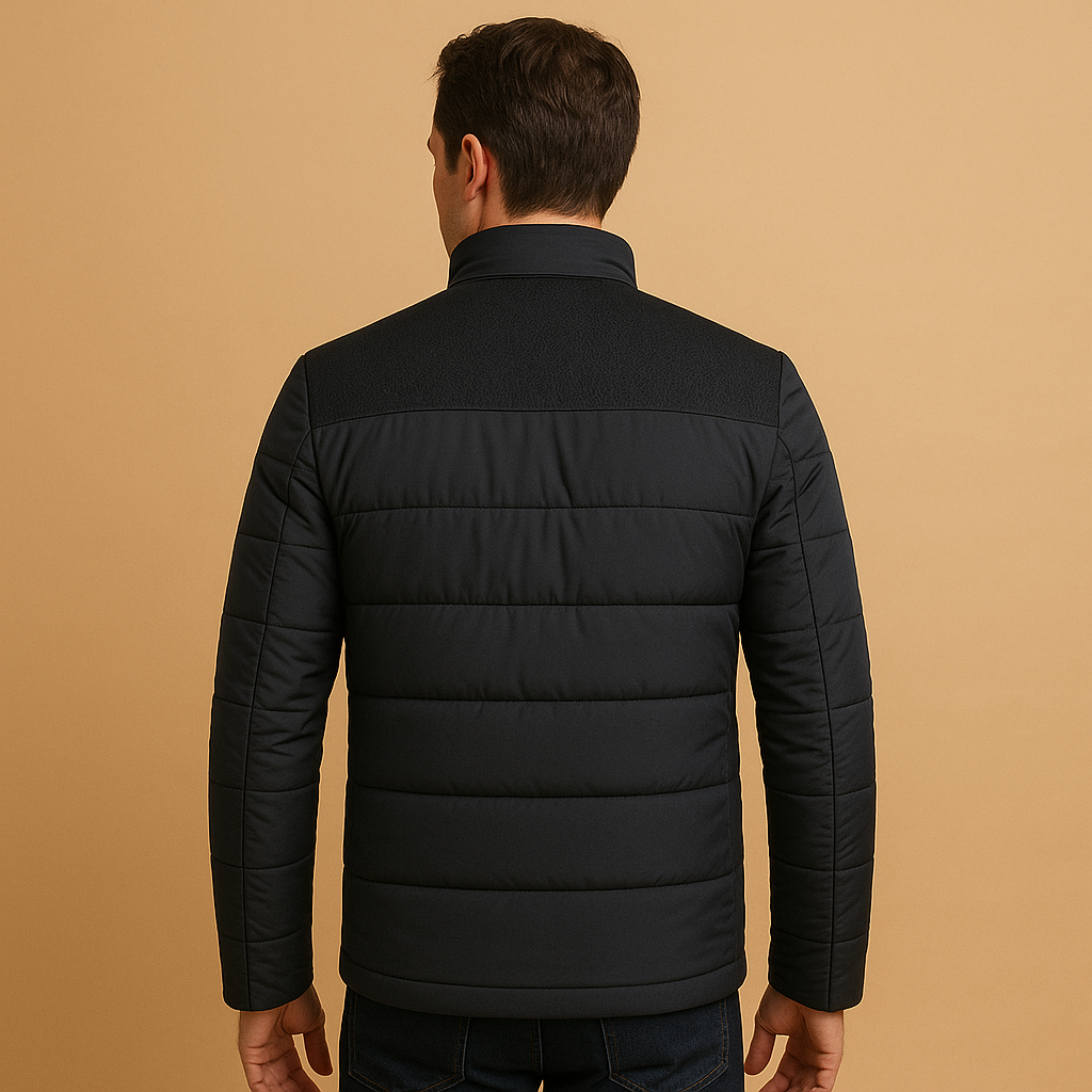 Men’s warm fleece jacket with soft lining, high collar, and zip pockets in black and blue. Perfect for cold days, daily wear, and outdoor use.