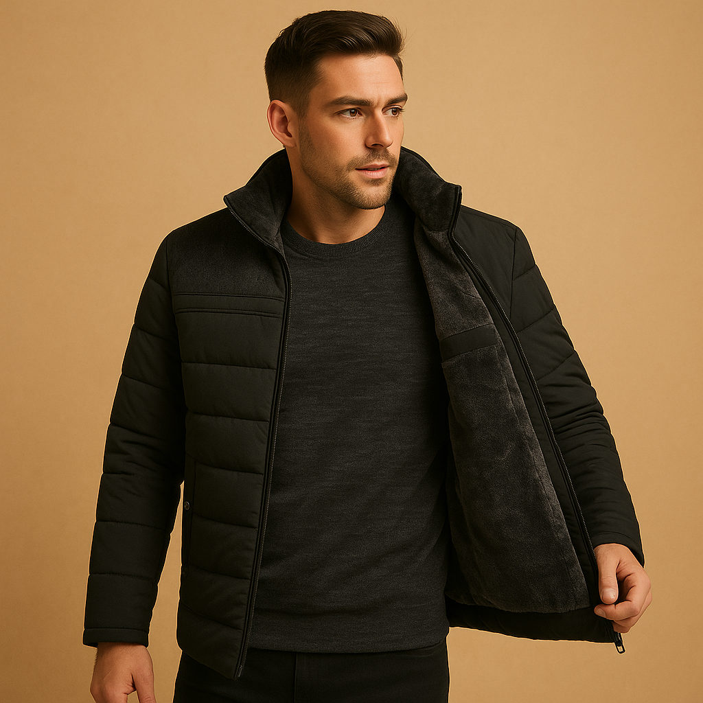 Men’s warm fleece jacket with soft lining, high collar, and zip pockets in black and blue. Perfect for cold days, daily wear, and outdoor use.