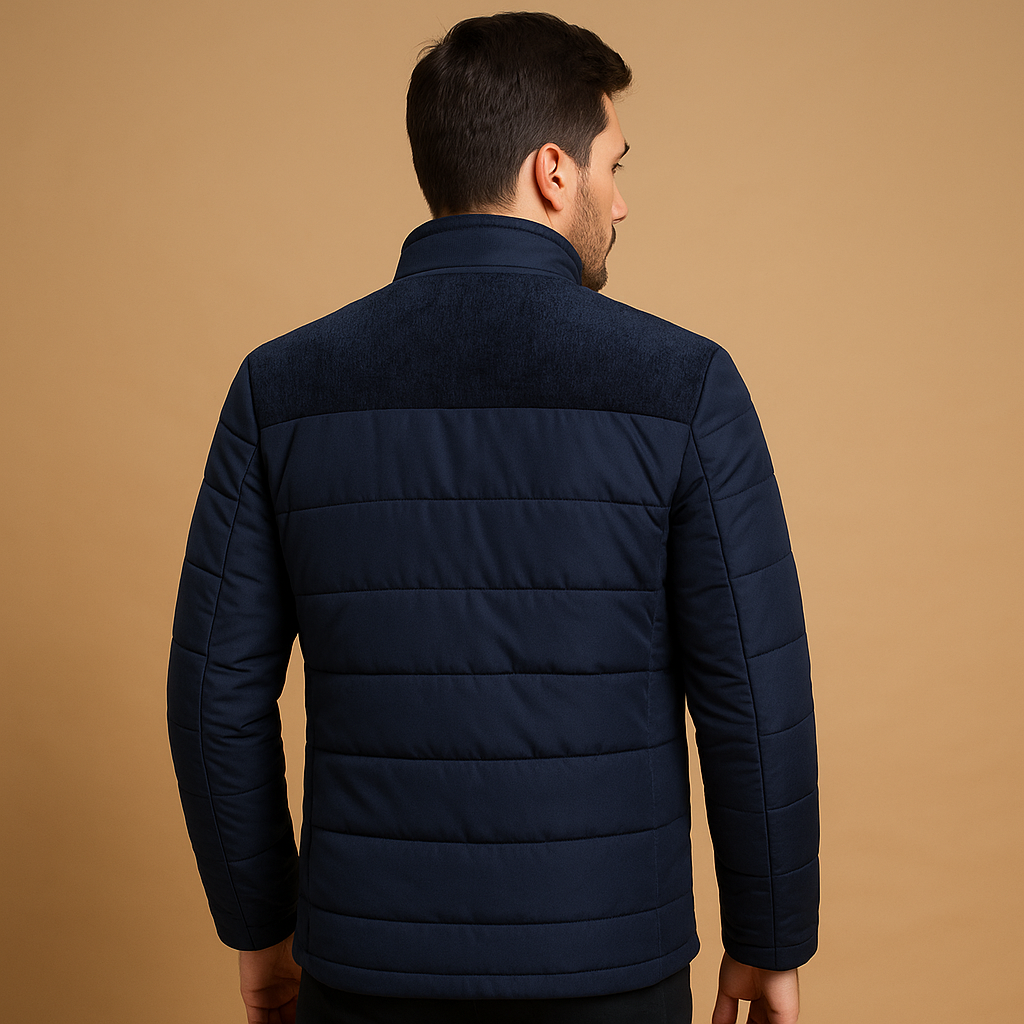 Men’s warm fleece jacket with soft lining, high collar, and zip pockets in black and blue. Perfect for cold days, daily wear, and outdoor use.