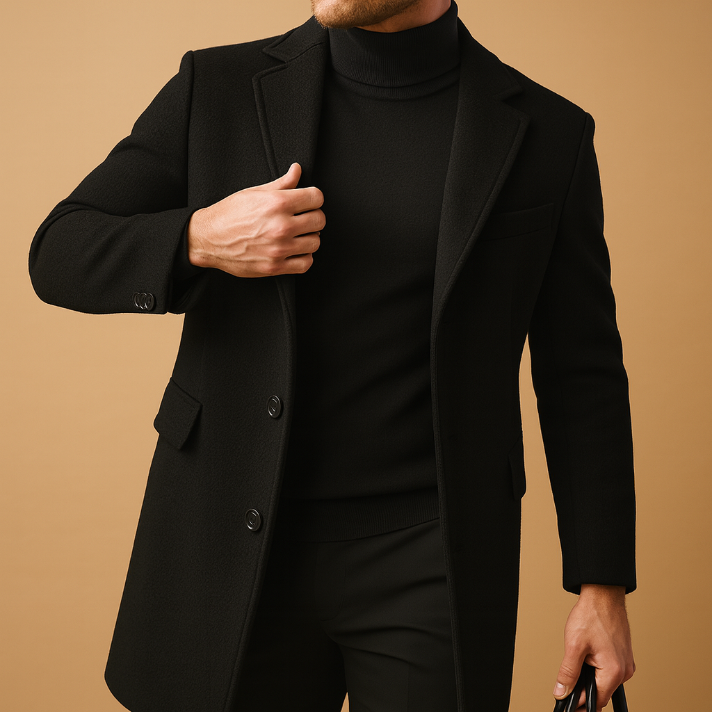 Men’s warm overcoat with relaxed fit and elegant design, insulated for autumn and winter, suitable for both formal and casual outfits.