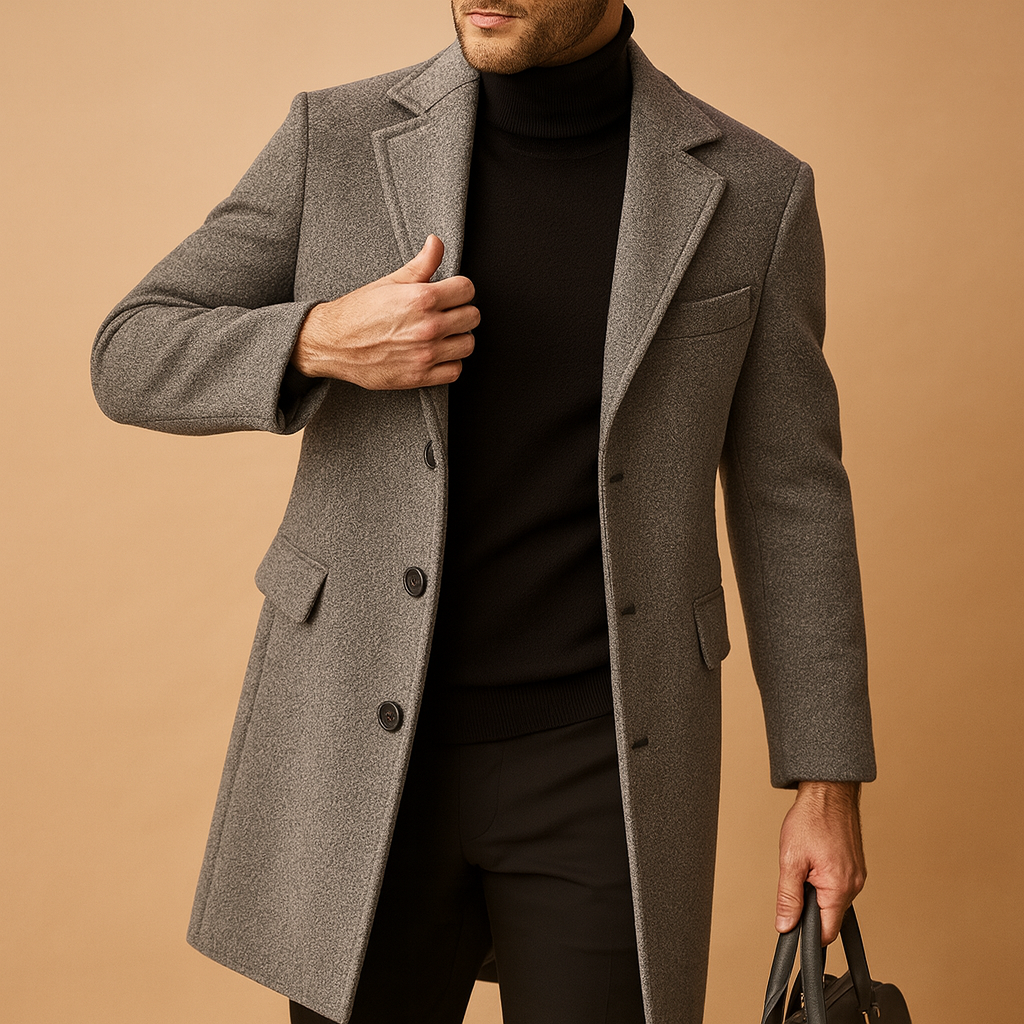 Men’s warm overcoat with relaxed fit and elegant design, insulated for autumn and winter, suitable for both formal and casual outfits.
