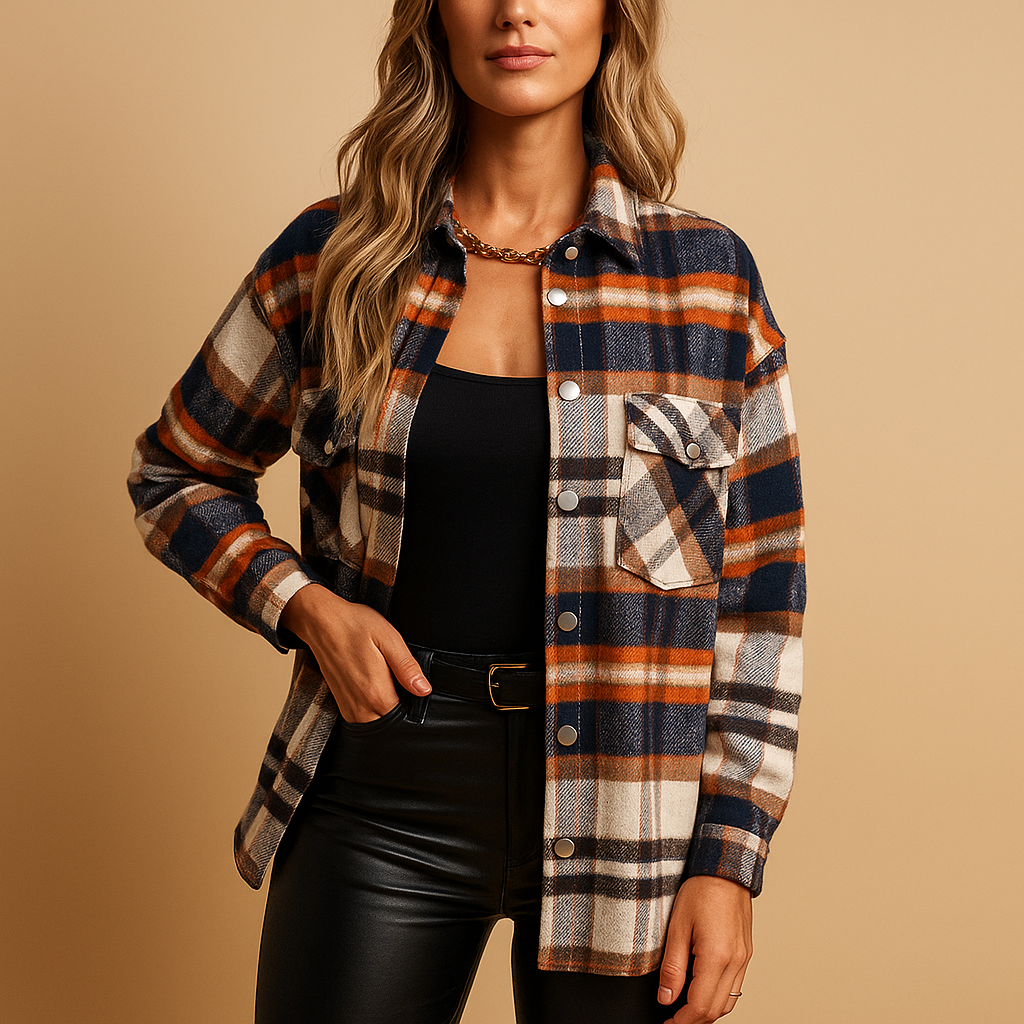 Women’s warm plaid jacket with classic check pattern, relaxed fit, and soft lining. Ideal for autumn walks, daily wear, or casual outings.