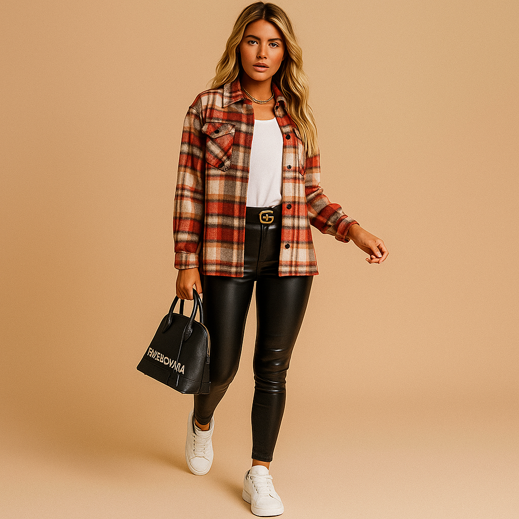 Women’s warm plaid jacket with classic check pattern, relaxed fit, and soft lining. Ideal for autumn walks, daily wear, or casual outings.